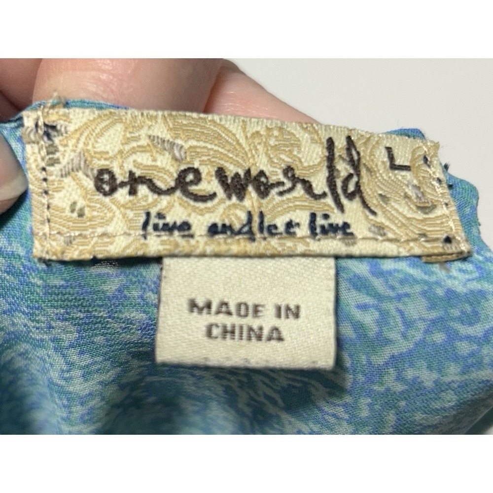 ONE WORLD Blue Sheer Short Sleeve Gemstones Round Neck Blouse Top Womens L - Picture 6 of 9